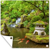 Poster de Jardin Cascade - Koi - Lanterne japonaise - Mousse - Water - 200x200 cm - Toile jardin - Poster extérieur