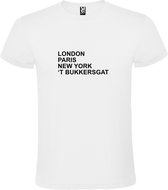 wit T-Shirt met London,Paris, New York , ’t Bukkersgat tekst Zwart Size XXXXXL