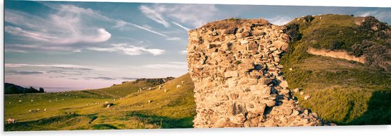 Dibond - Stenen Rots in Groenkleurig Landschap Vol Schapen - 150x50 cm Foto op Aluminium (Met Ophangsysteem)