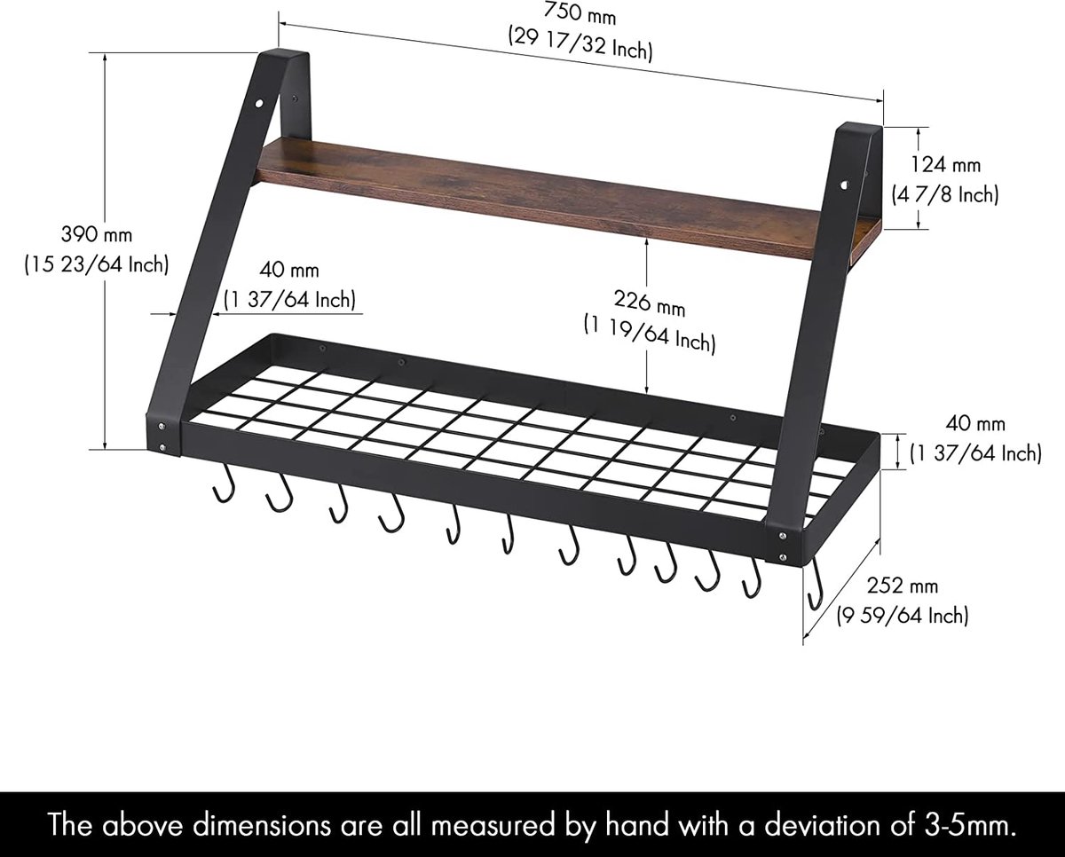 Ejoyous Keukenrek, wandpothouder, hangende keukenpothouder, keukenorganizer, panhouder, zwart metalen pannenrek, kruidenrek, pothouder met 10 S-vormige haken Afmetingen: 60 x 25 x 25 cm Ejoyous Keukenrek, wandpothouder, hangende keukenpothouder, keukenorganizer, panhouder, zwart metalen pannenrek, kruidenrek, pothouder met 10 S-vormige haken Afmetingen: 60 x 25 x 25 cm