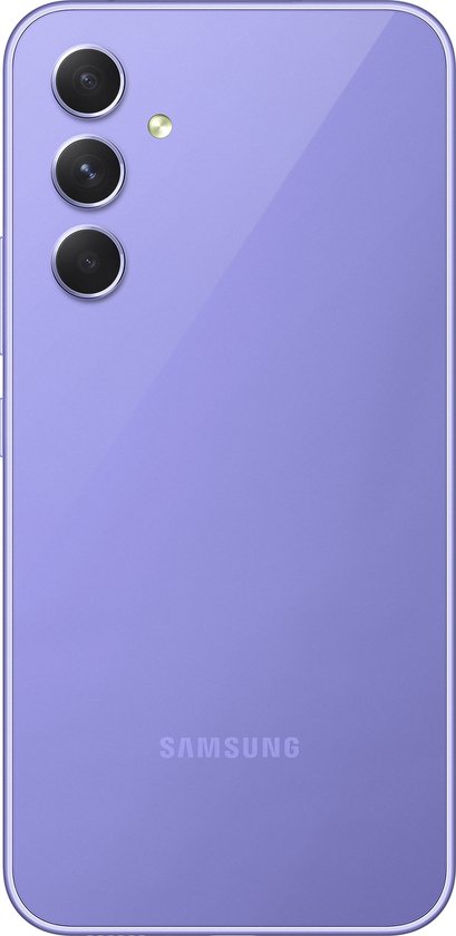 Paarse Samsung Galaxy A54 5G smartphone, achterkant met cameralens.