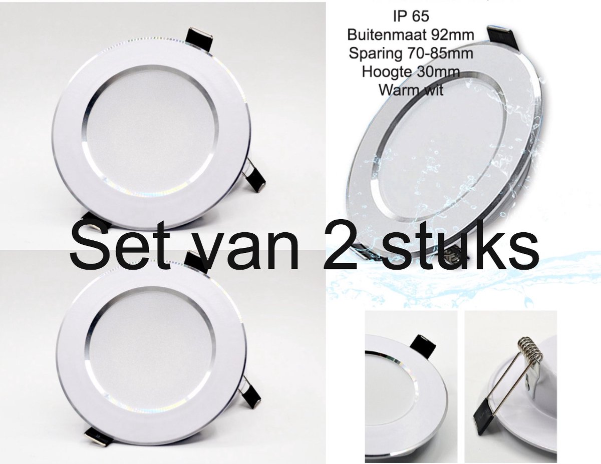 Spatwaterdichte Led Inbouwspot set van 2 stuks– Warm Wit Licht 3000K – IP65 Geschikt voor Badkamer, Buiten, Gang of Woonkamer – 92mm Buitenmaat, 70-85mm Sparing