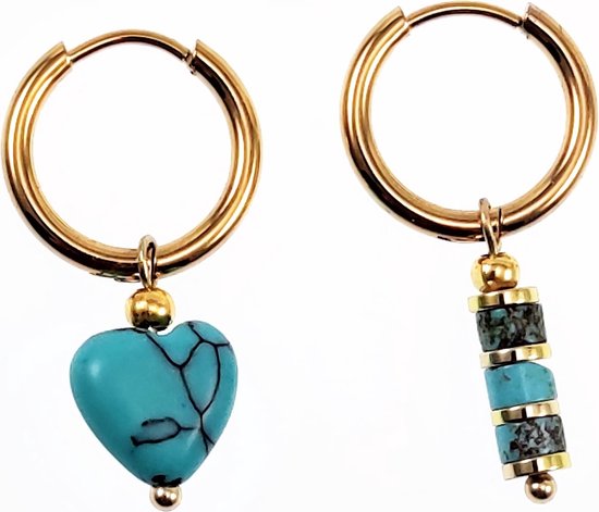 Boucles d'oreilles ∅16mm avec Pierres Turquoise - Acier Plaqué Or - Boucles d'oreilles Femme avec Pendentifs Coeur et Tube