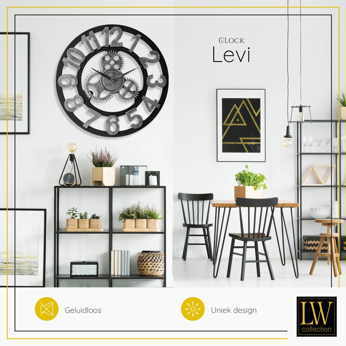 LW Collection XL Wandklok zwart grijs hout 80cm - Grote Industriële wandklok - Wandklok met tandwielen - Landelijke klok stil uurwerk — cadeau in Wonen & Interieur - foto 5