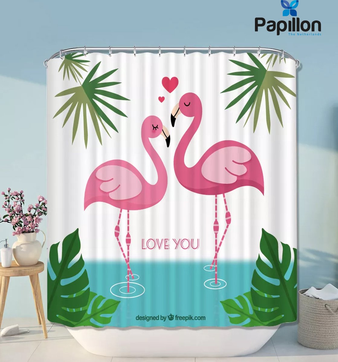 Papillon Douchegordijn - Textiel - Waterafstotend - 180x200 - Flamingo Love