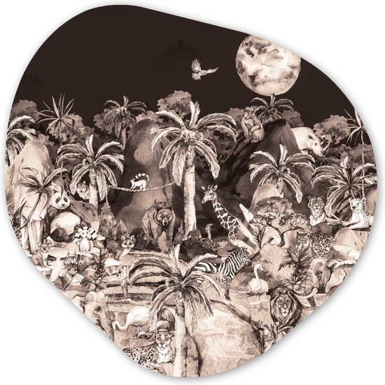 Organische Wanddecoratie - Kunststof Muurdecoratie- Organisch Schilderij - Jungle - Dieren - Kinderen - Bomen - Planten- 60x60 cm - Organische spiegel vorm op kunststof