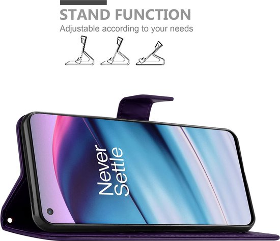 Étui de téléphone violet ouvert avec le téléphone à l'intérieur, avec des images des fonctions de support.