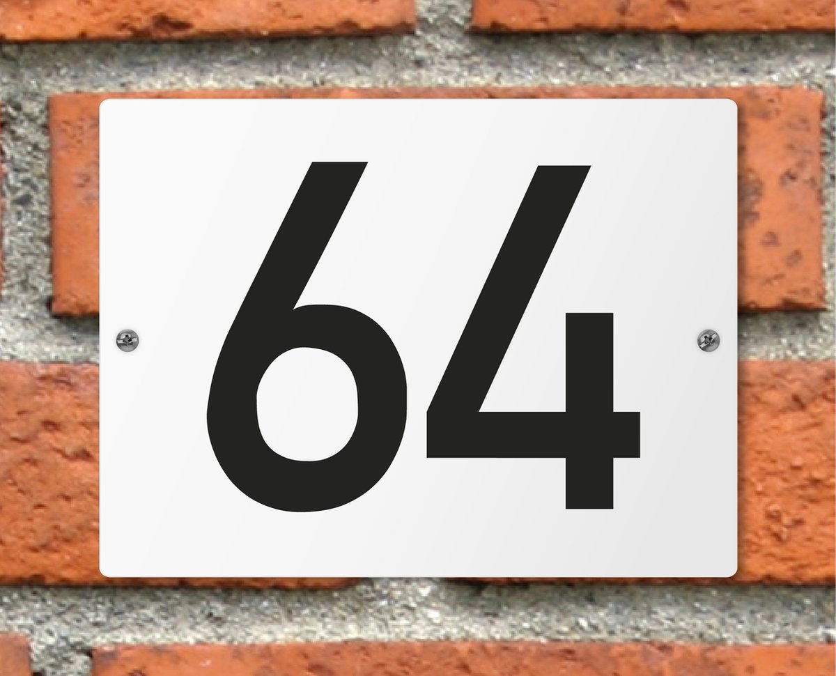 Huisnummerbord wit - Nummer 64 - standaard - 16 x 12 cm - schroeven - naambord - nummerbord - voordeur