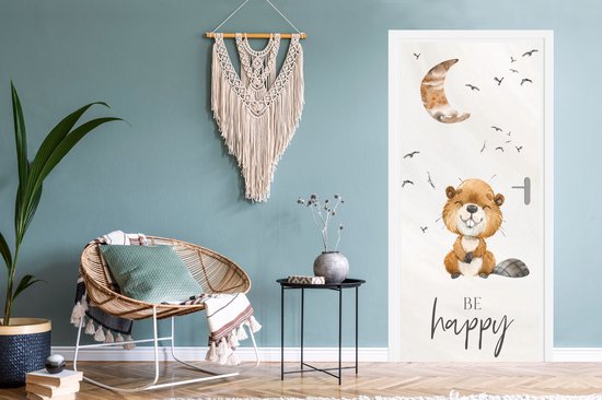 Sticker de porte Citations - Soyez heureux - Enfants - Lune - Castor - Aquarelle - 90x205 cm - Affiche de porte