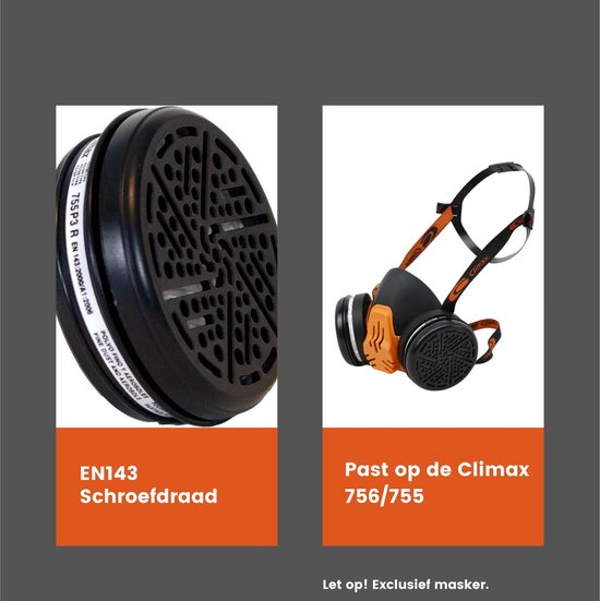 Linker afbeelding: zwart rond P3 stofdeeltjesfilter. Rechter afbeelding: oranje en zwart Climax 756/755 masker met hoofdband.