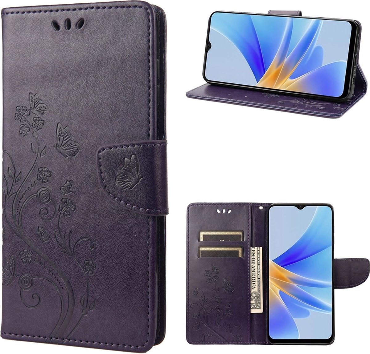 Mobigear Telefoonhoesje geschikt voor OPPO A17 Hoesje | Mobigear Flowers Bookcase Portemonnee | Pasjeshouder voor 3 Pasjes | Telefoonhoesje voor Pinpas / OV Kaart / Rijbewijs - Paars