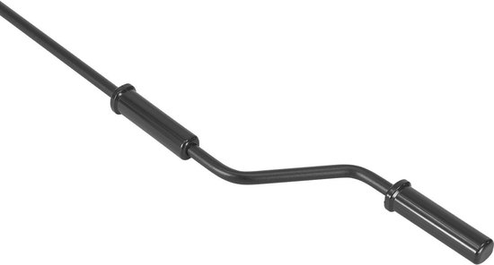 Een zwarte, gebogen barbell met handgrepen aan de uiteinden.