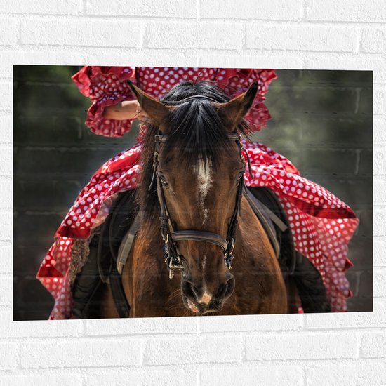 WallClassics - Muursticker - Vooraanzicht van Paard met Vrouw op Rug - 80x60 cm Foto op Muursticker
