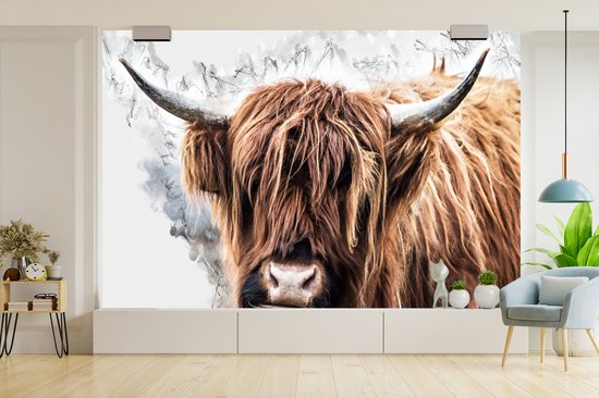 Papier peint - Papier peint photo peint Highlander écossais - Animaux - Fumée - Largeur 525 cm x hauteur 350 cm
