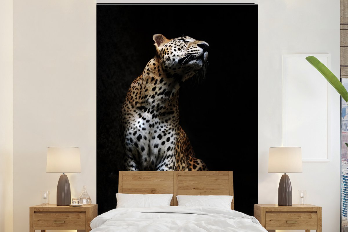 Behang - Fotobehang Luipaard - Zwart - Schaduw - Breedte 195 cm x hoogte 300 cm