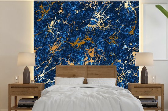- Fotobehang Marmer - Textuur - Goud - Blauw - Breedte 350 hoogte 350 cm | bol.com