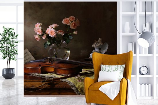 Papier peint - Papier peint photo - Violon - Nature morte - Fleurs - Largeur 240 cm x Hauteur 240 cm