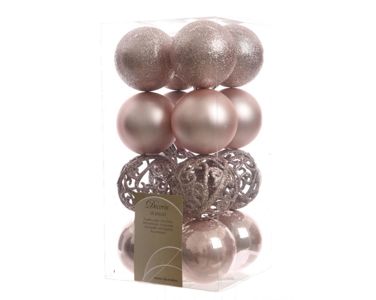 Decoris kerstballenset - 16 stuks - Poeder roze - Kunststof