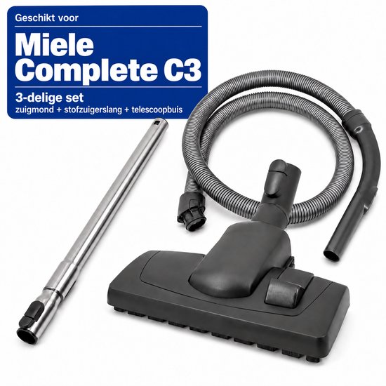 3-delige set voor Miele Complete C3: zwarte zuigmond, flexibele slang en metalen telescoopbuis.
