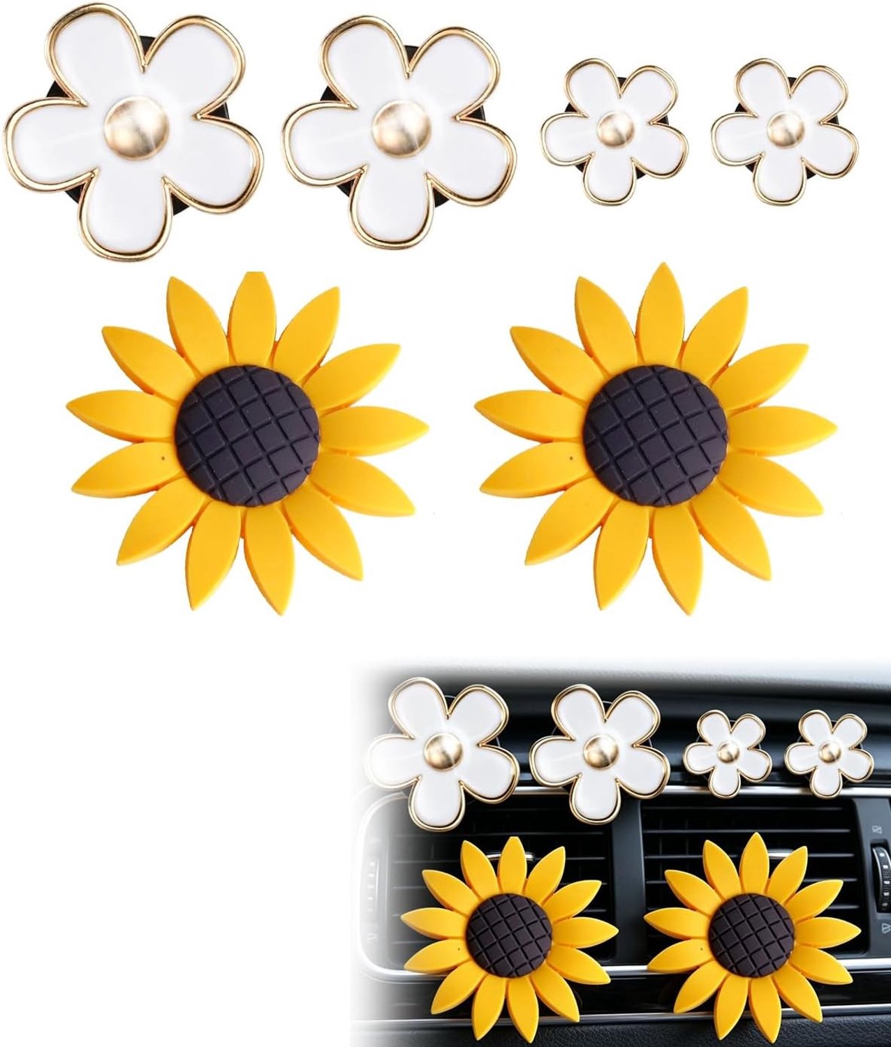 Luchtverfrisser voor de auto 6 stuks - 4 witte bloemen en 2 zonnebloemen - elegante autodecoratie - Vemera