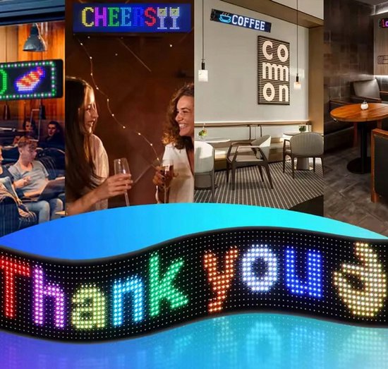 Collage van led-panelen met teksten zoals Thank you, Coffee en Cheers in verschillende omgevingen.