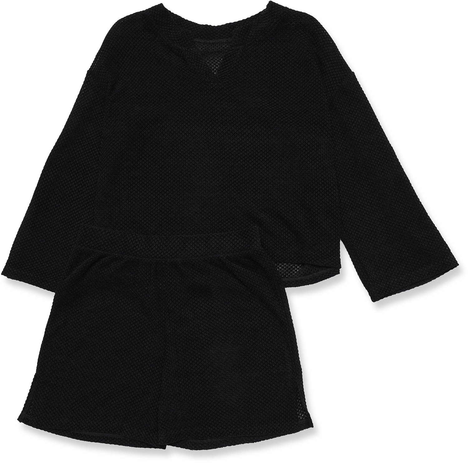 ESOTIQ Jessy - Damespyjamaset - Ajourtop met lange mouwen - Shorts - Zwart