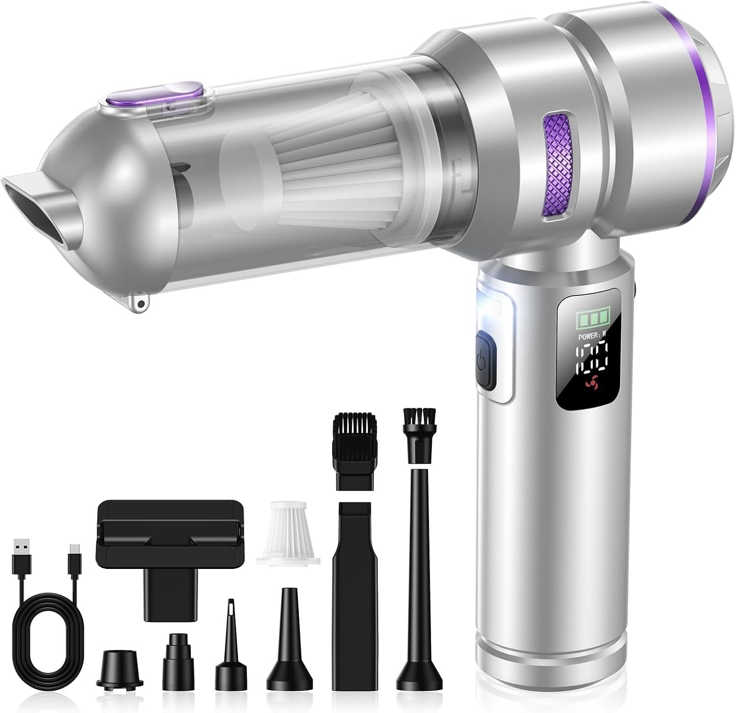 Bobypet Draadloze stofzuiger draadloos - Auto Stofzuiger - Kruimeldief - Mini stofzuiger met borstelloze motor, stofblazer -6000 mAh, voor auto, huis, keuken, pc en bank - Zilver