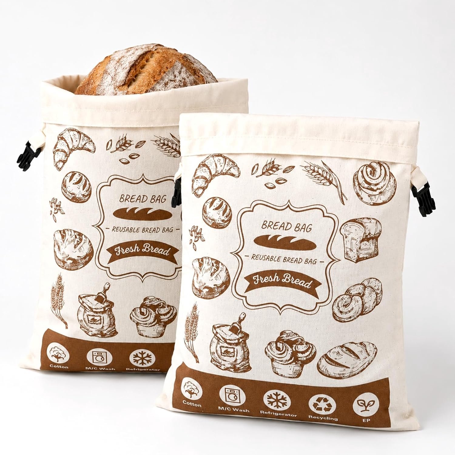 Herbruikbare Katoenen Broodzakken (Set van 2) - TPU Voering & Gespsluiting - 42x31,5 cm