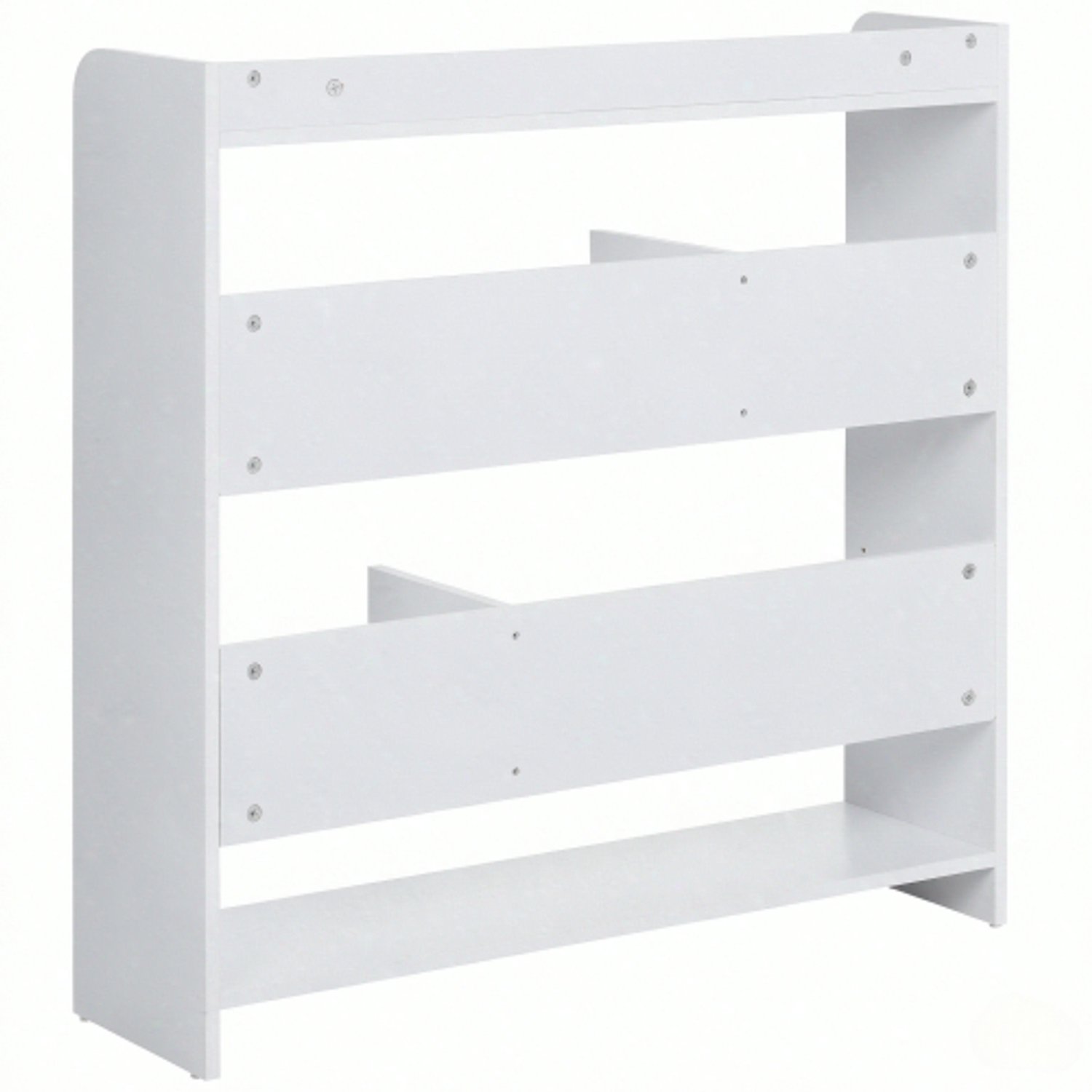 Langwerpig wit boekenrek met 2 open vakken, lage kast met stevige poten, 90 × 24 × 91 cm