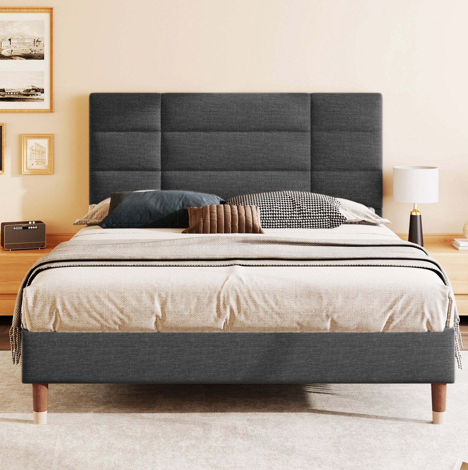 Gestoffeerd tweepersoonsbed 140x200 cm met lattenbodem en hoofdbord - grijs