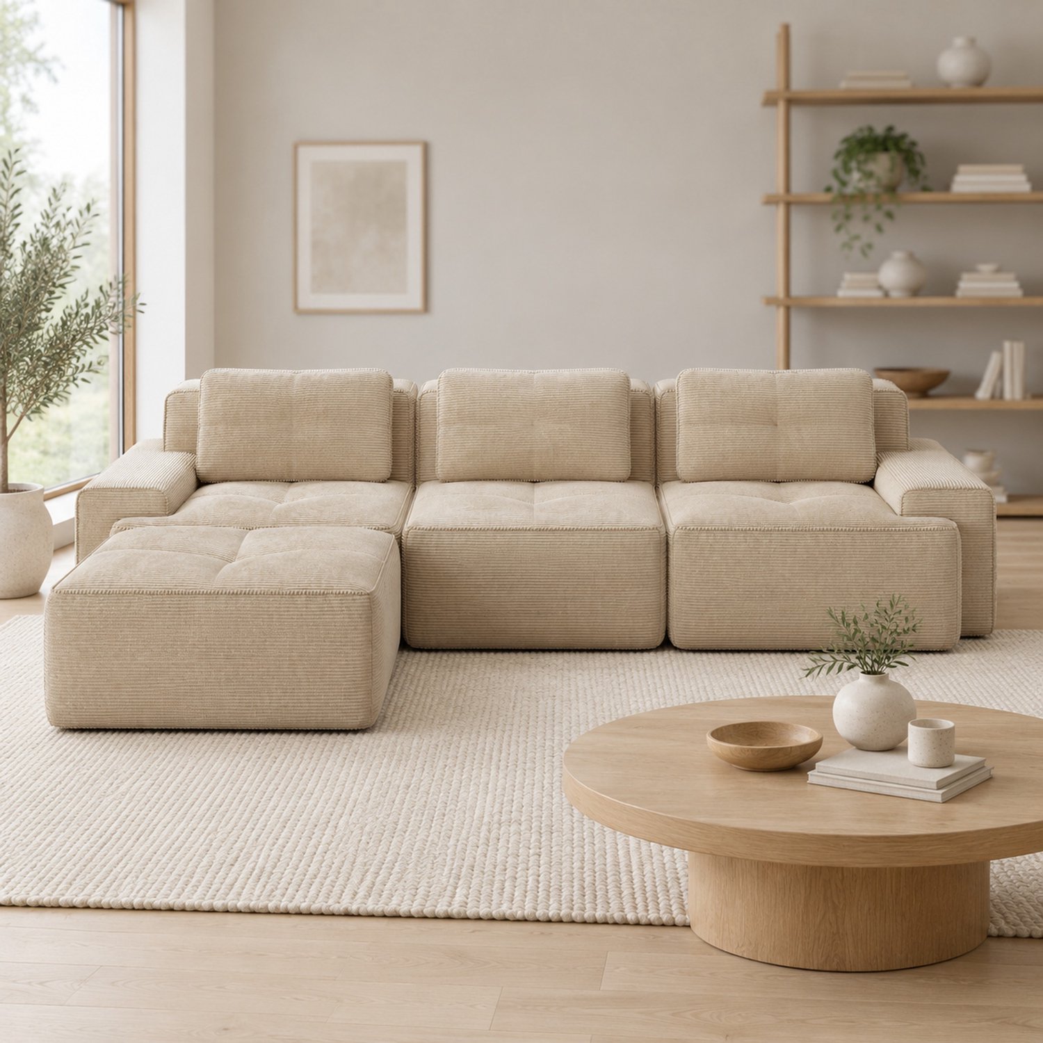 WUVRIE Modulaire hoekbank 293x177 cm - 3-zits met ottoman en ribstof - Beige
