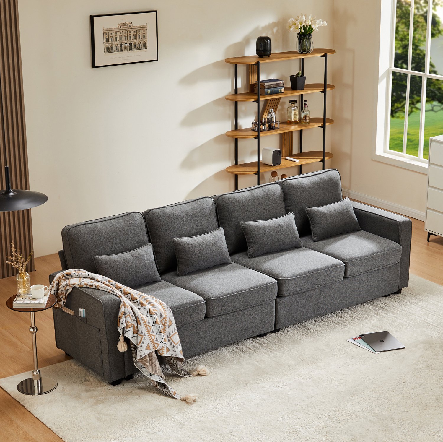 Wishdor 4-zits bank - Opbergtassen in armleuningen - Vier lendenkussens - Hoge rugleuning - Moderne uitstraling - Woonkamer kantoor - Polyester linnenlook - Donkergrijs - 264 x 83 x 87 cm