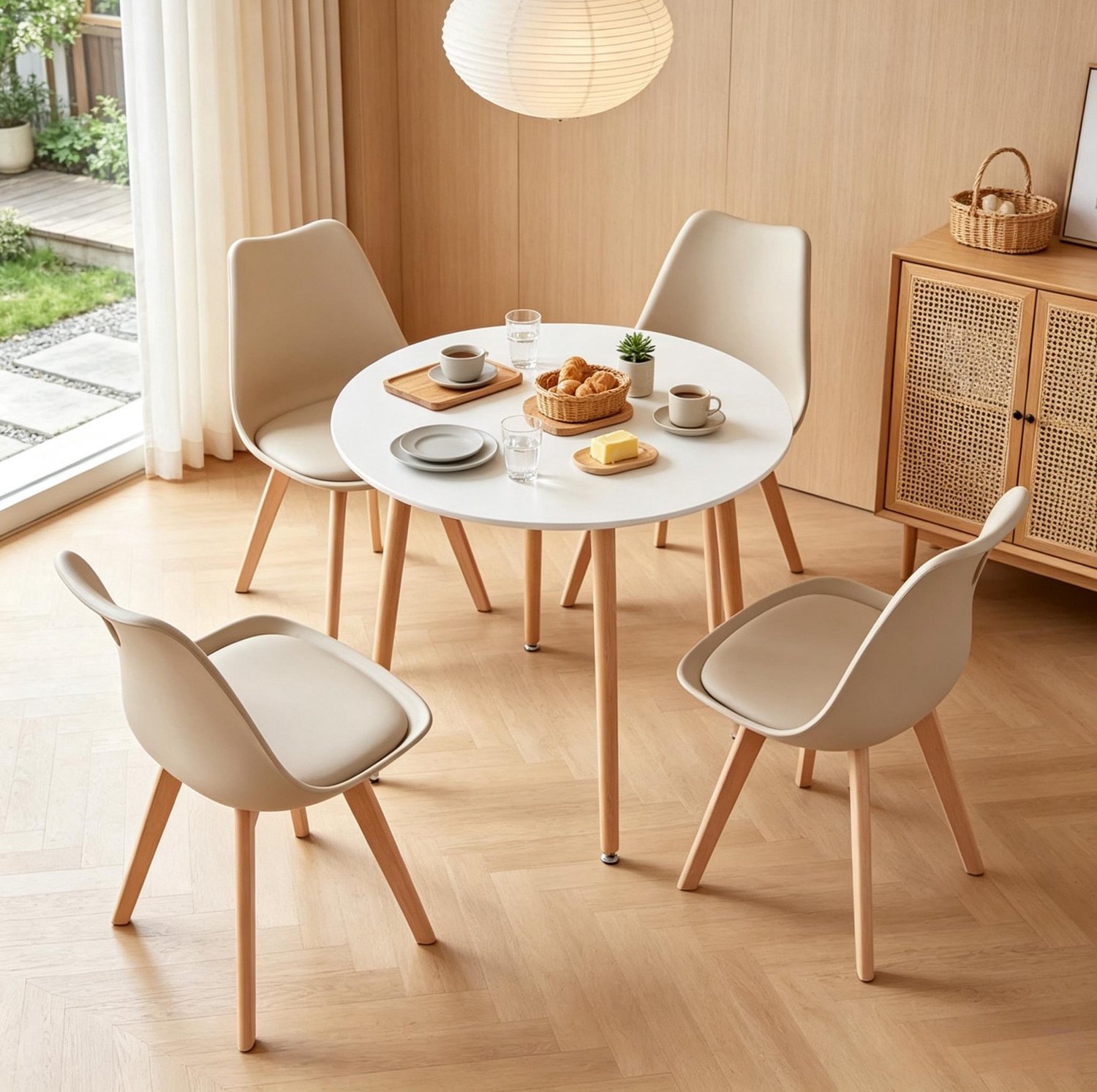OKWISH Eettafelset 80 x 80 cm - Ronde Tafel met 4 Stoelen - Moderne Eetset voor Keuken, Woonkamer of Balkon - Hout en Kunststof - Wit Khaki