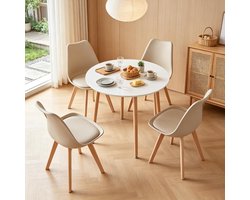 OKWISH Eettafelset 80 x 80 cm - Ronde Tafel met 4 Stoelen - Moderne Eetset voor Keuken, Woonkamer of Balkon - Hout en Kunststof - Wit Khaki
