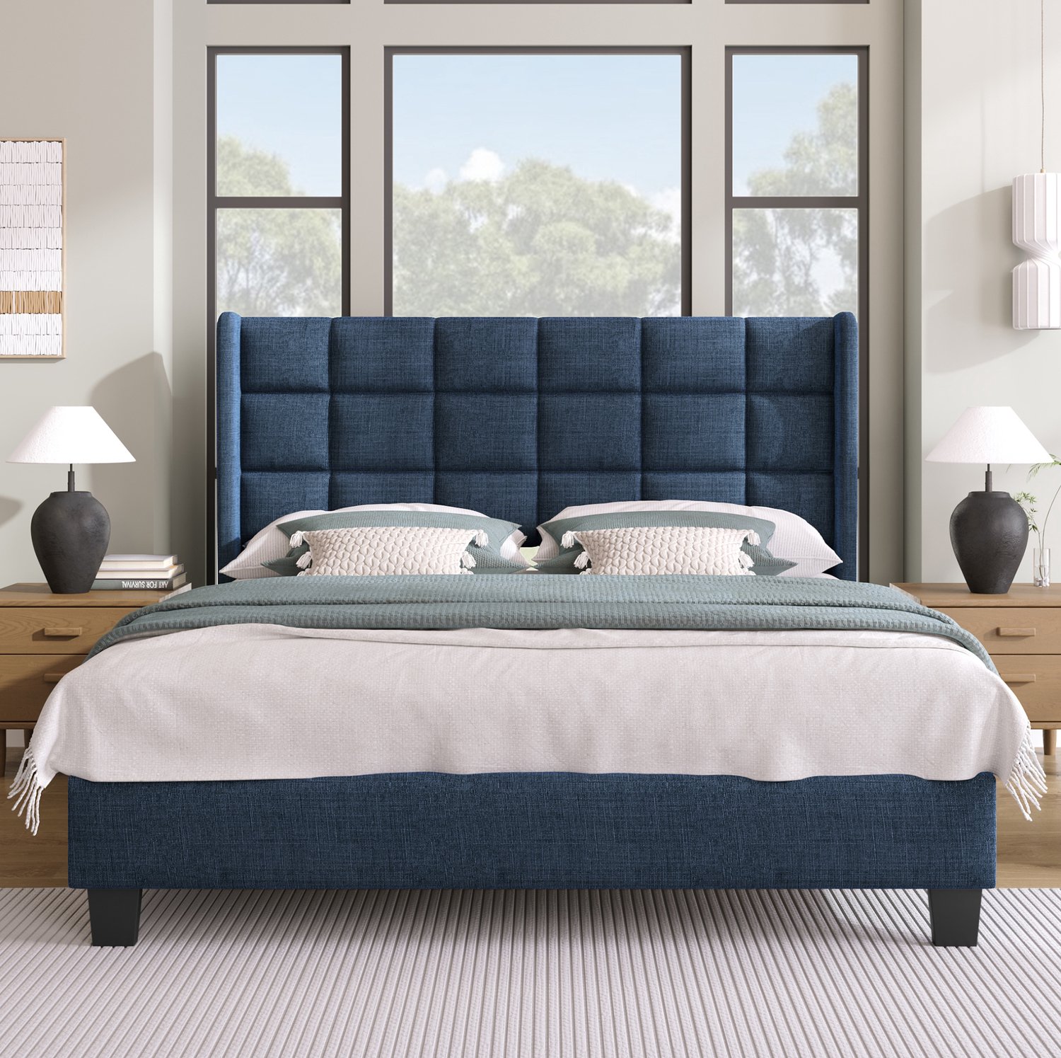 Tweepersoonsbed 140x200 cm met lattenbodem en stoffen hoofdbord - Blauw