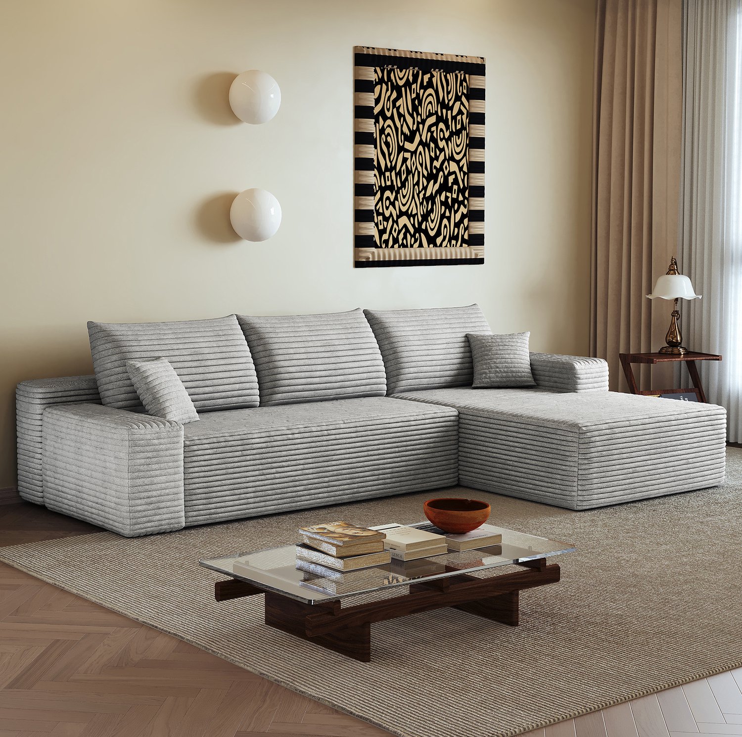 Wishdor Hoekbank met L-vormig liggedeelte - Zachte schuimvulling - Diepe zitting - Moderne modulaire vorm - Woonkamer slaapkamer appartement - Geribde ribstof - Grijs - 270 x 175 x 83 cm Grijs (Chaise longue rechts)
