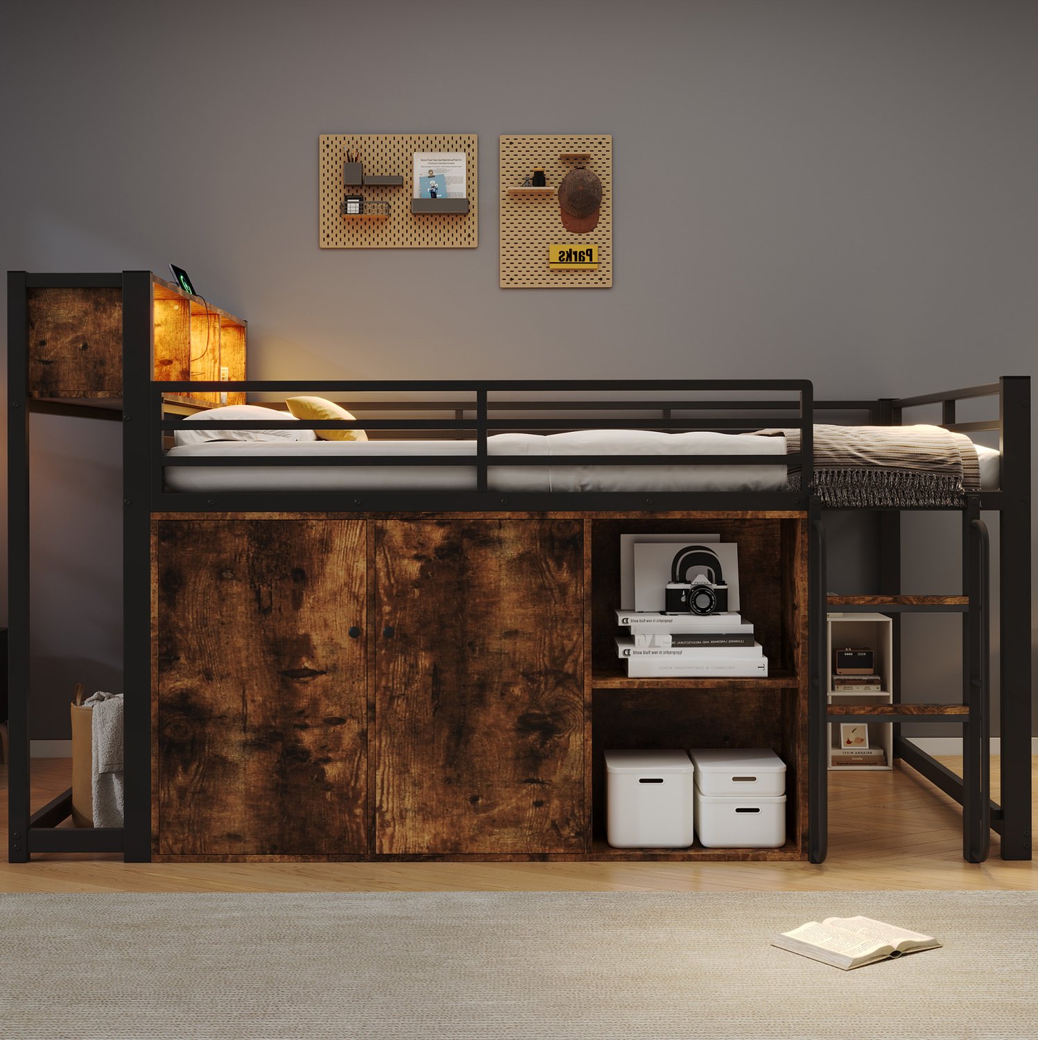 DESMIU Hoogslaper 120x200 cm – Metalen Bed Met Opbergruimte En Ledverlichting – Ladder En EU-Stopcontact – Zwart Vintage – Zonder Matras Zwart met vintage houtlook