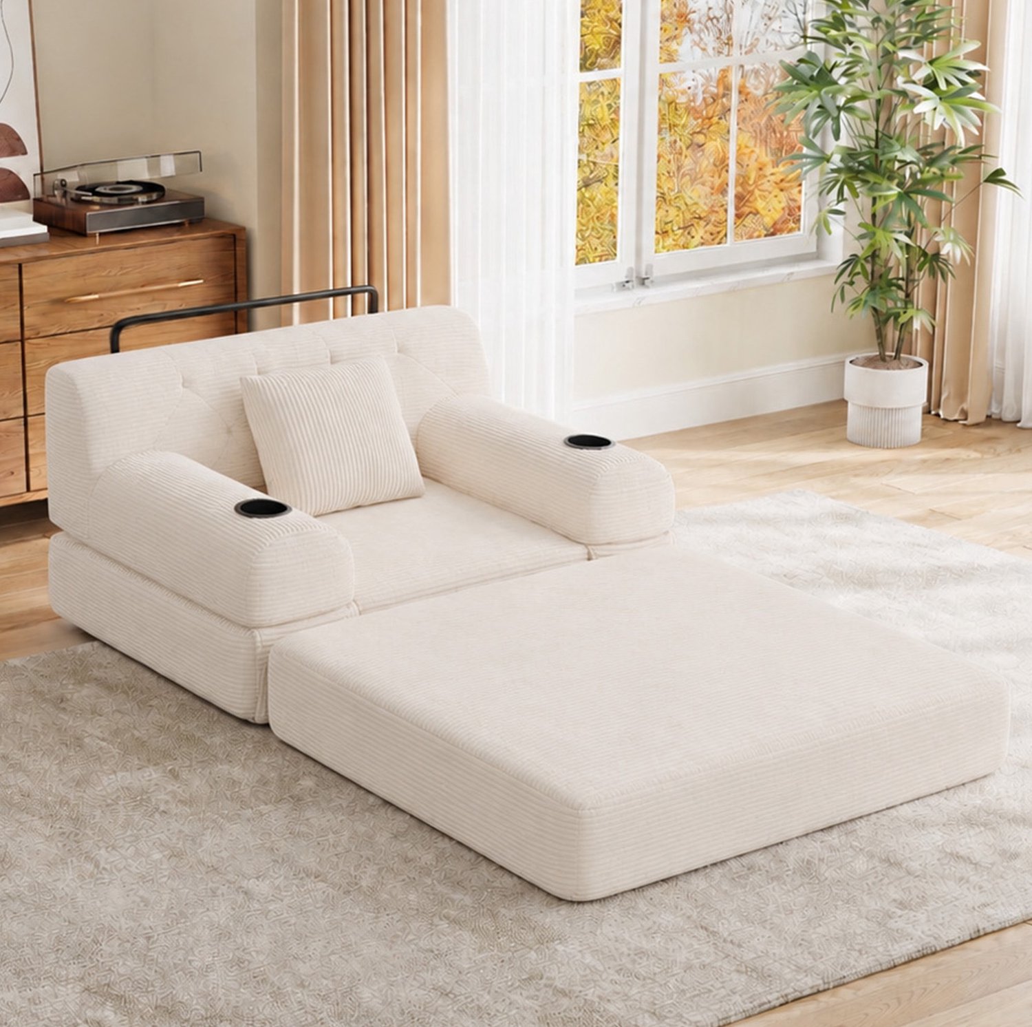 Wishdor Eenpersoons slaapbank - Hoge rugleuning - Slaapfunctie met vier opbergvakken - Twee bekerhouders - Gecapitonneerde cordstof - Woonkamer slaapkamer - Metaal en stof - Beige - 107 x 80 x 81 cm