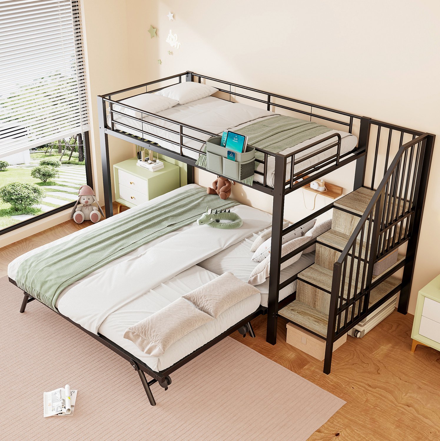 COVREO Stapelbed met uitschuifbed – 90x200 cm – Kinderbed van metaal met bedzak – voor twee slaapplaatsen – Zwart - zonder matras