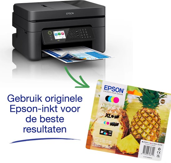 Zwarte Epson printer naast een pakje 604XL inktcartridges met ananasafbeelding; tekst: 'Gebruik originele Epson-inkt'.