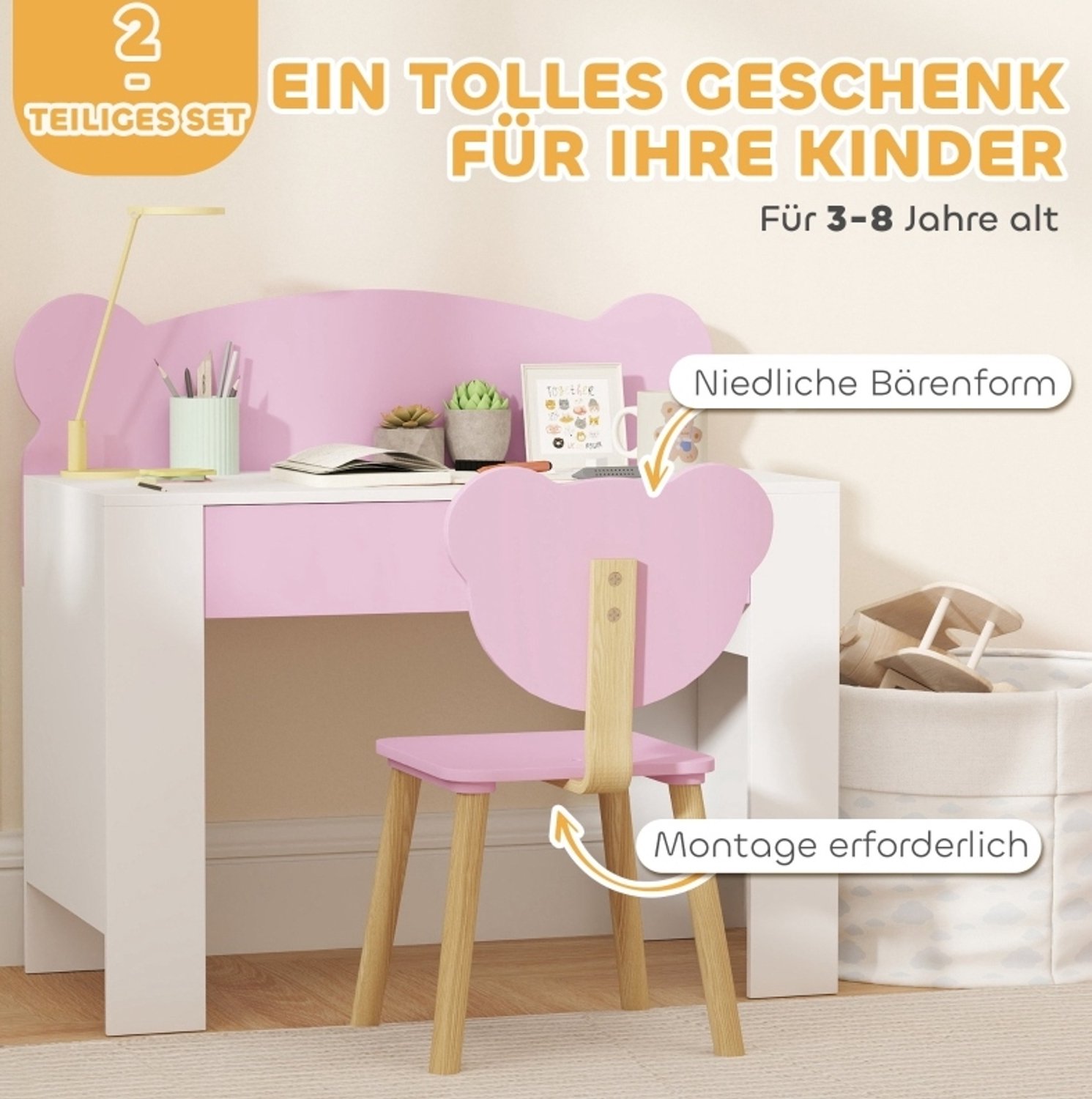 MIVRAY Kinderbureauset - Roze Bureau Met Lade En Stoel - Voor Lezen, Tekenen En Knutselen - Hout - 80x41x74,5 Cm - 3 Tot 8 Jaar