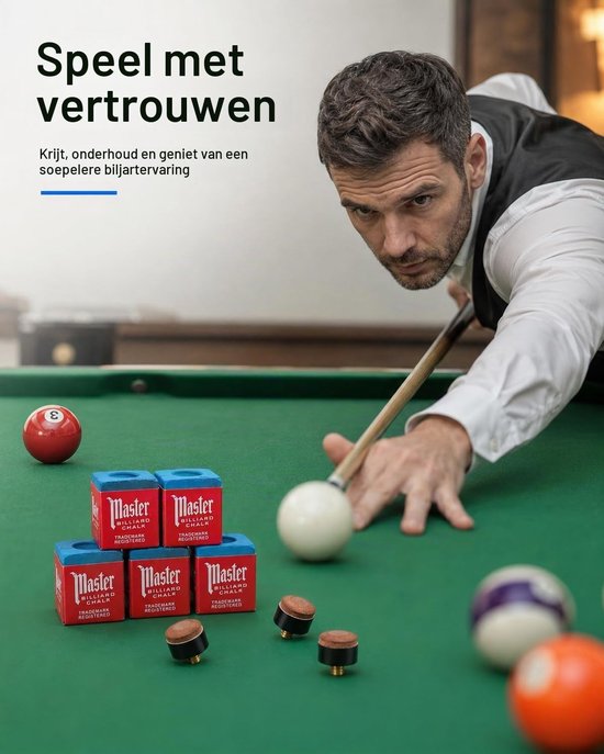 Set van 6 biljartkrijtjes met 2 keuclips en 4 vervangende tips voor biljartaccessoires, professionele keu-tip verzorging en nauwkeurige impactcontrole — afbeelding 5