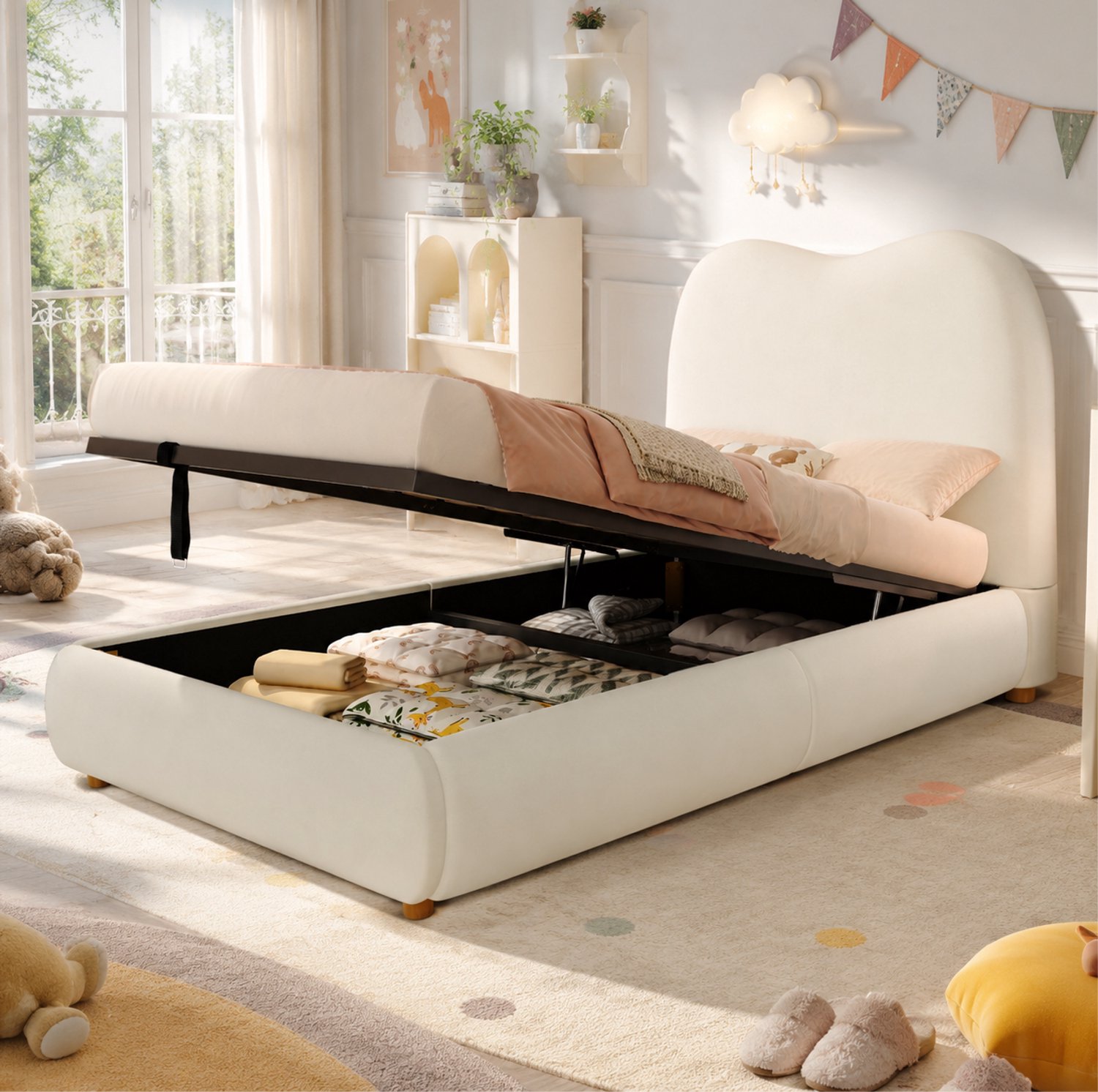 FloraGrace Kinderbed 90x190 cm - Hydraulisch Eenpersoonsbed Met Opbergruimte En Lattenbodem - Fluweel - Zonder Matras - Beige