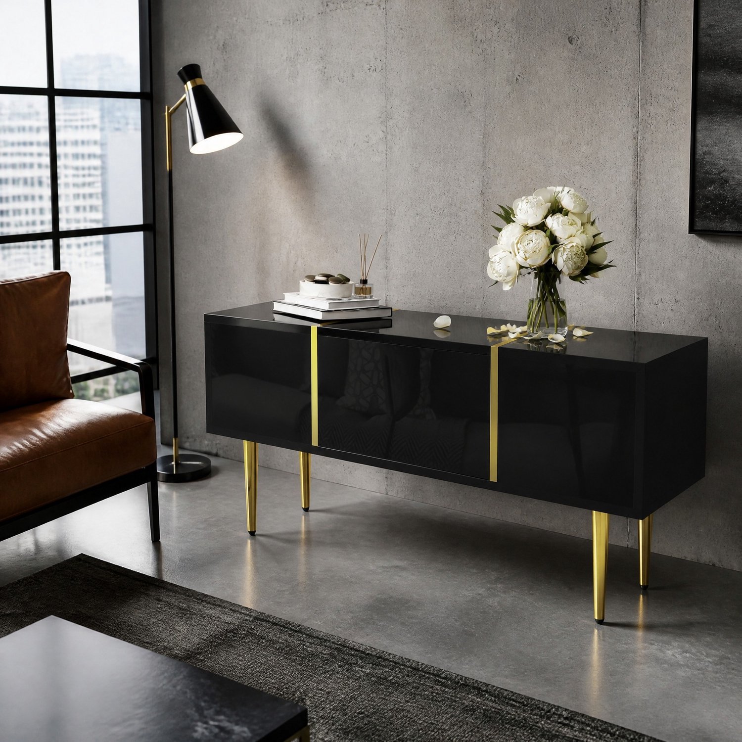 Maisentiel Salontafel 100 x 60 x 41,5 cm met 2 lades, hoogglans MDF, zwart met goud