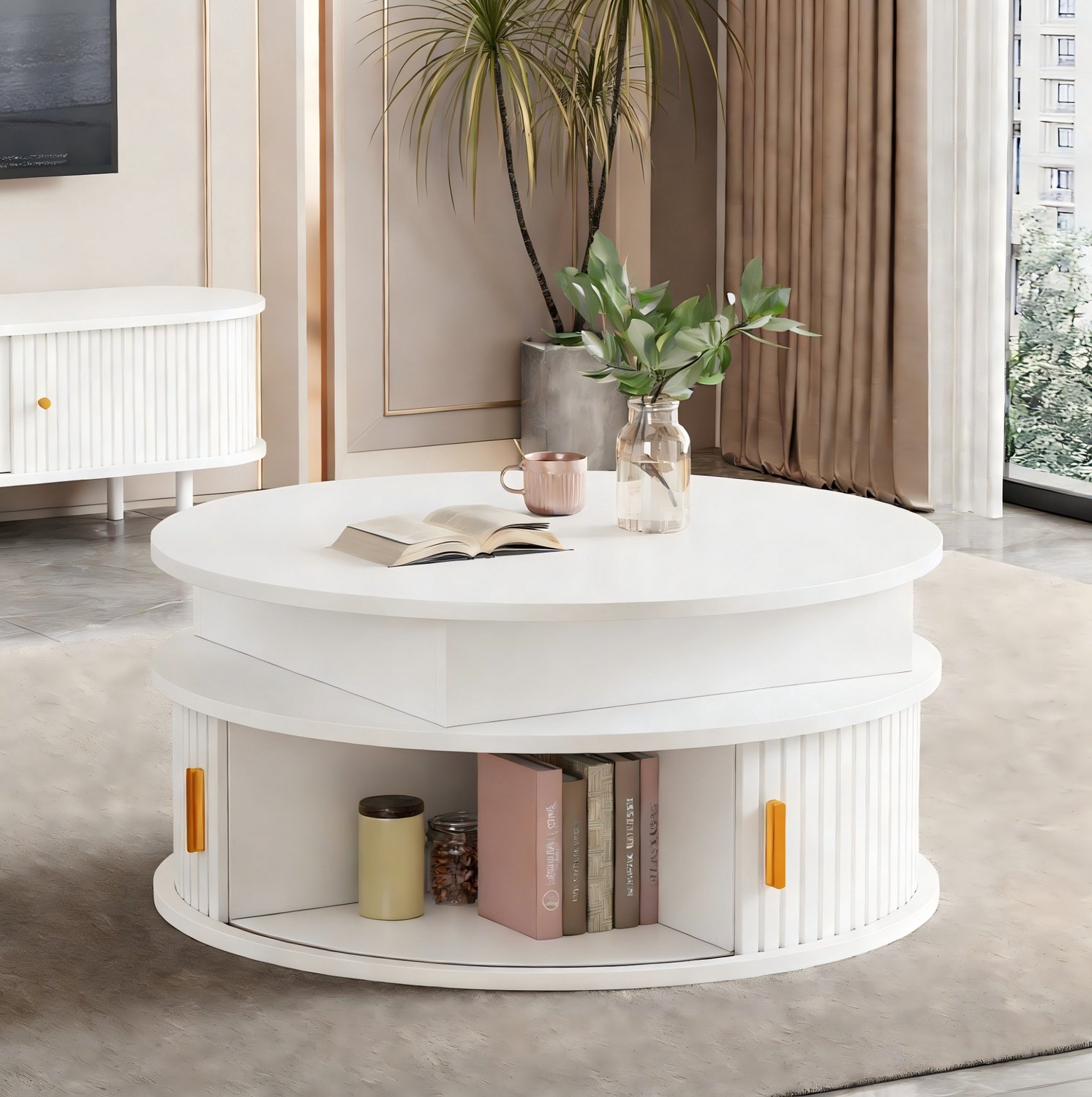 Maisentiel Ronde salontafel Ø 75 cm – hoogteverstelbaar met LED, opbergruimte, MDF, wit