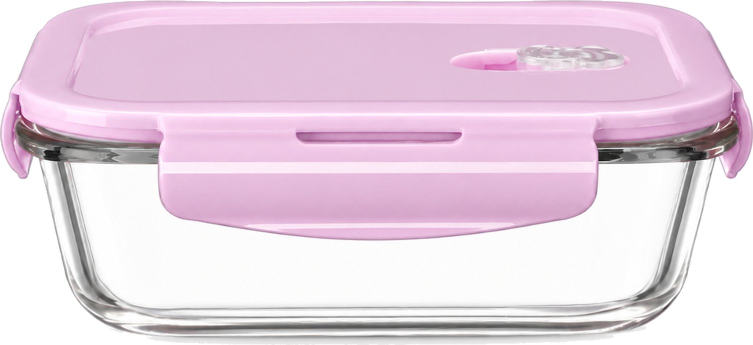 Broodtrommel van hoog borosilicaatglas, 1040 ml, met roze deksel, geschikt voor verwarmen in de magnetron