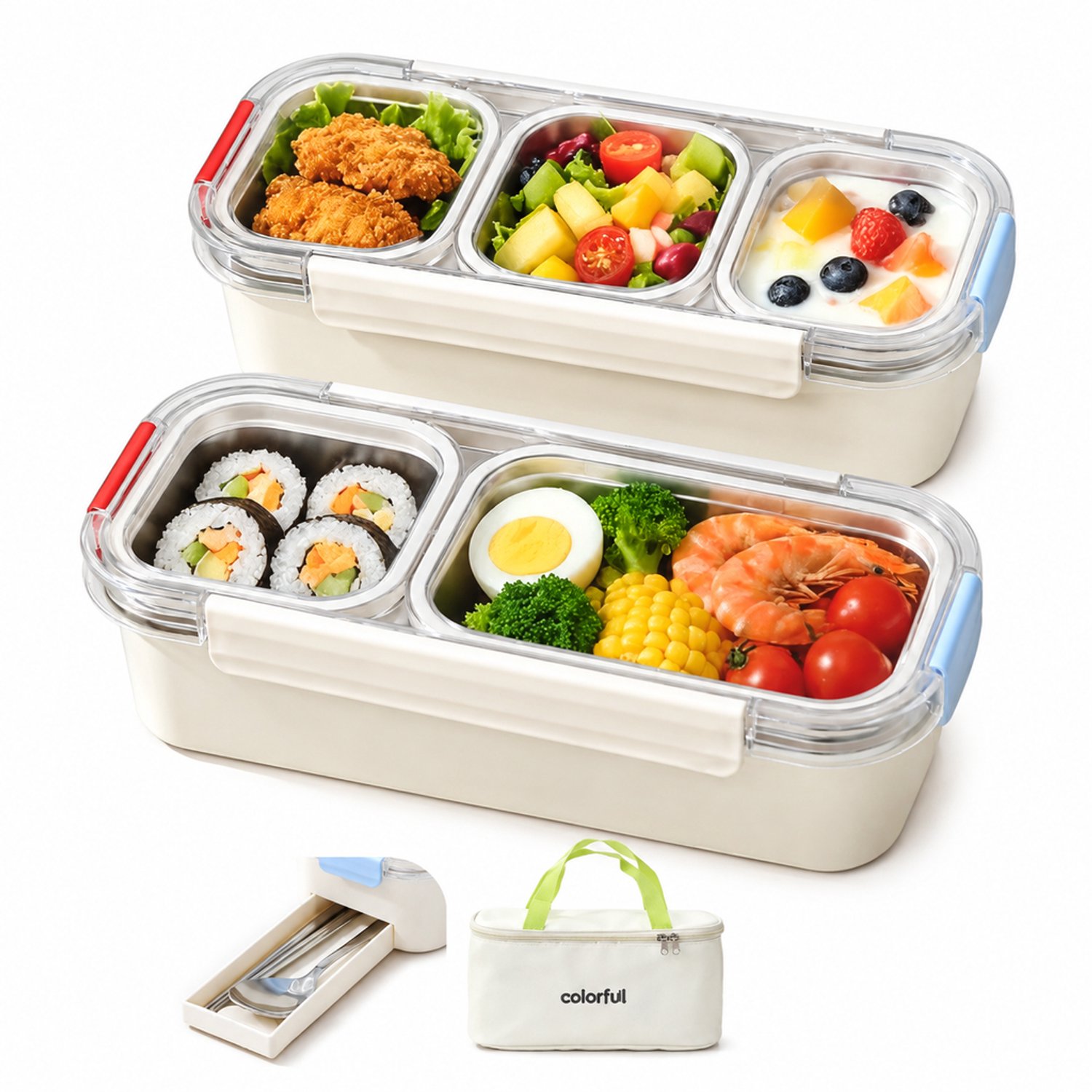 Broodtrommelset met een tweevaks- en een drievaksbox, 800 ml en 750 ml, met bestek en isolatietas