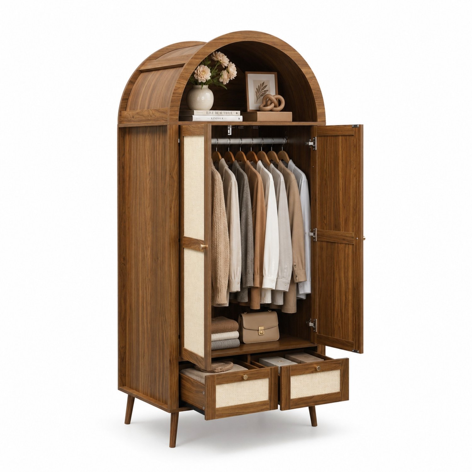 Kledingkast met 2 deuren en 2 lades - 80 x 55 x 180 cm - Met hangroede en open opbergvak - Boogvorm - MDF met walnootlook en beige rotanlook