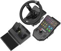 Saitek landbouwsimulatiebundel met stuur, zijpaneel met joystick en zwarte pedalen, schuine bovenaanzicht.
