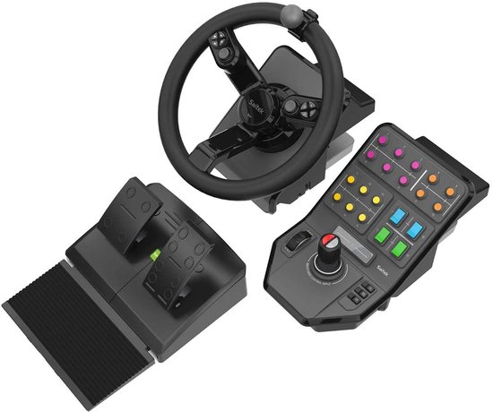 Saitek landbouwsimulatiebundel met stuur, zijpaneel met joystick en zwarte pedalen, schuine bovenaanzicht.